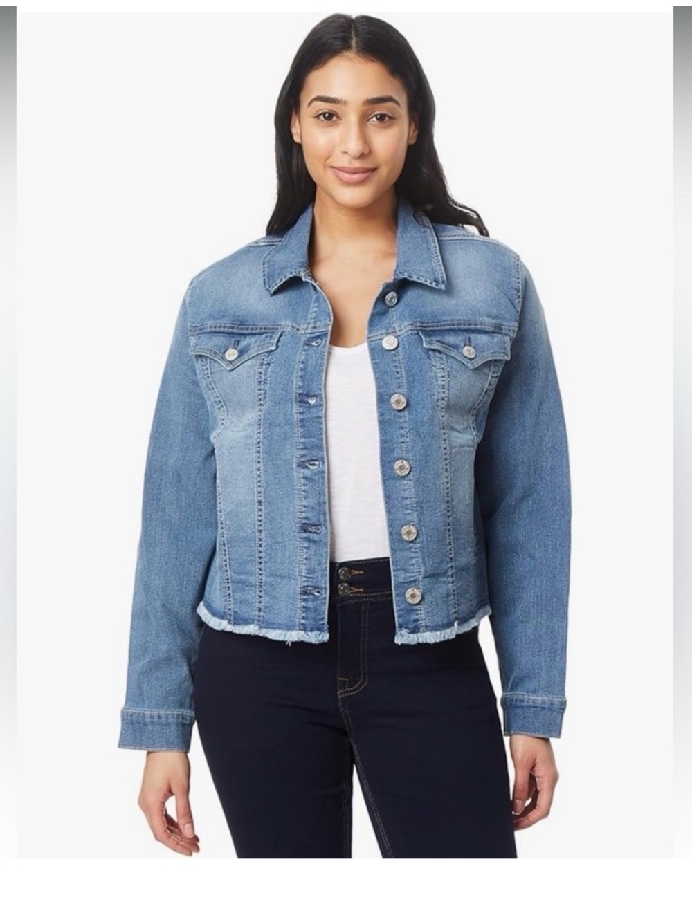 Angels Forever Young Women’s Medium Wash Denim Raw Hem Jean Jacket Size M